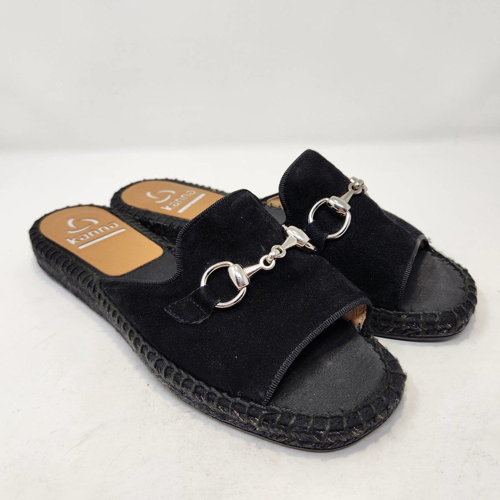 Kanna Womens Black Suede Espadrille Slides Sandal 38 US 7.5 Flats Open Toe